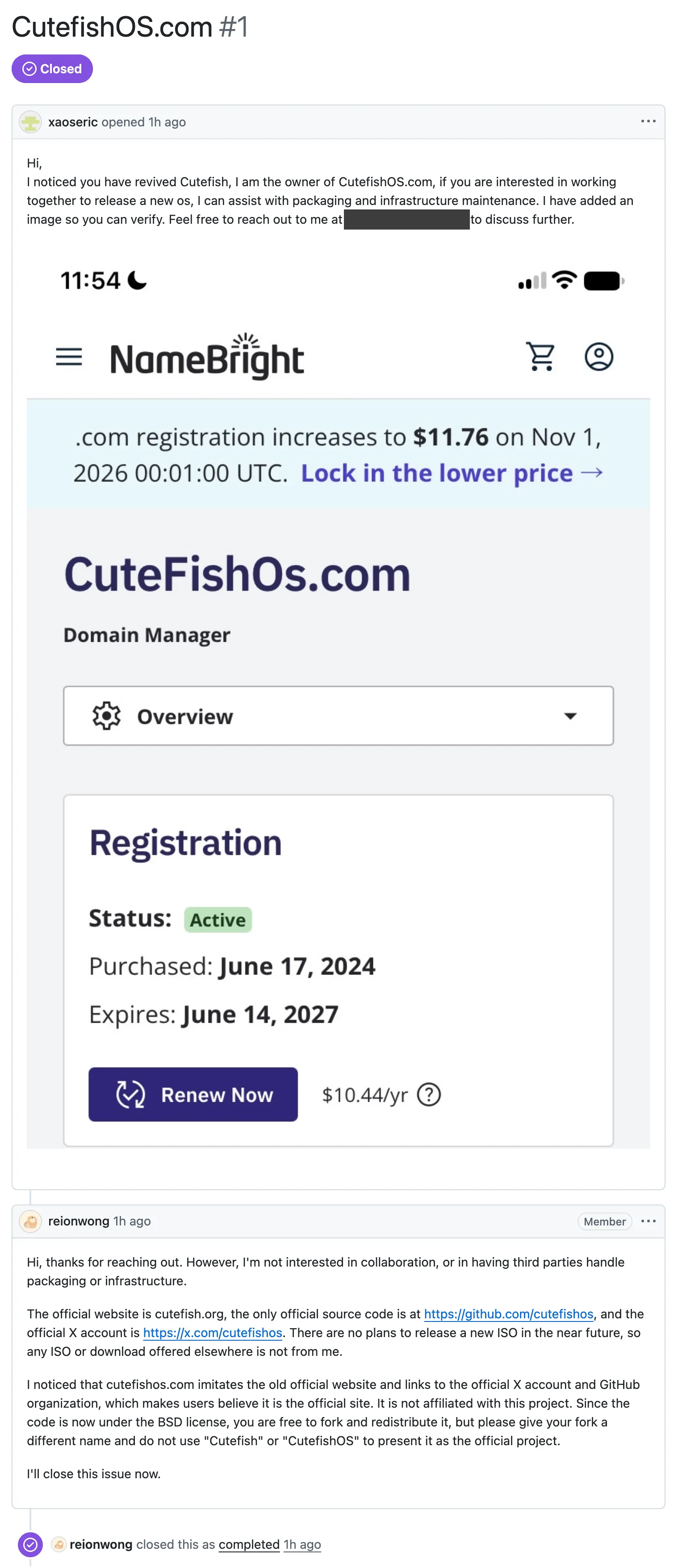 The GitHub issue “CutefishOS.com #1” and our reply