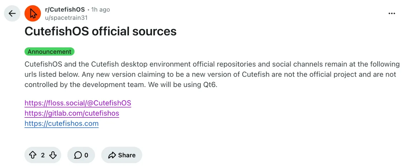 The r/CutefishOS post “CutefishOS official sources”