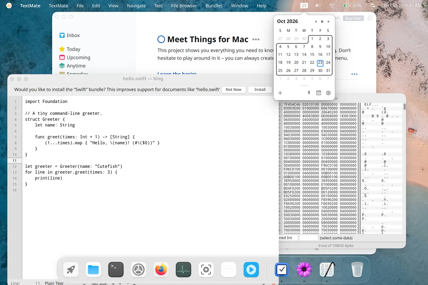 Things 3, TextMate, Hex Fiend and Itsycal running on the Cutefish desktop