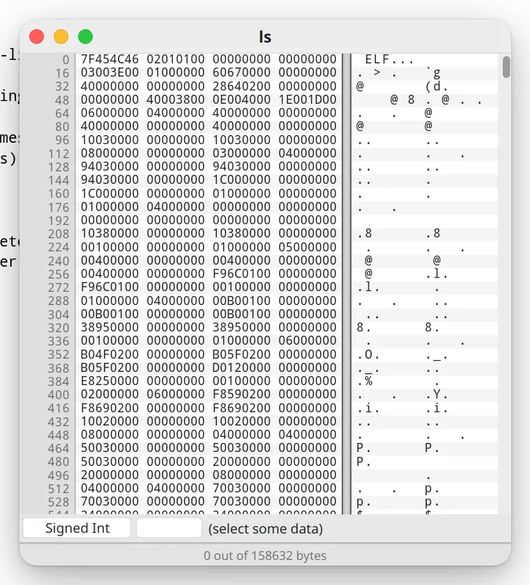 Hex Fiend, a Mac app, opening a Linux program